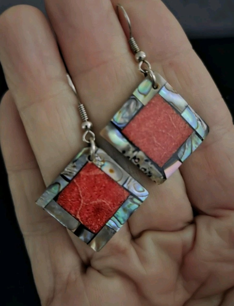 Vintage Earrings Abalone Inlay Square Dangle