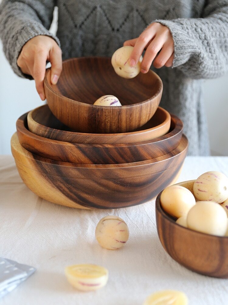 Acacia Wooden Bowl Set 5PCS Tableware Dinnerware for Salad Soup Fruits-image
