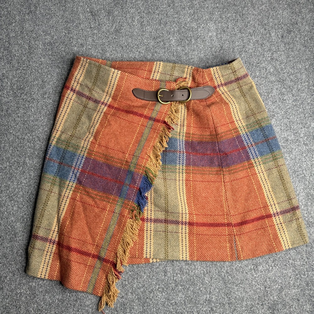POLO RALPH LAUREN Wool Nylon Plaid Wrap Skirt Size 14 belt NEW WITHOUT TAGS