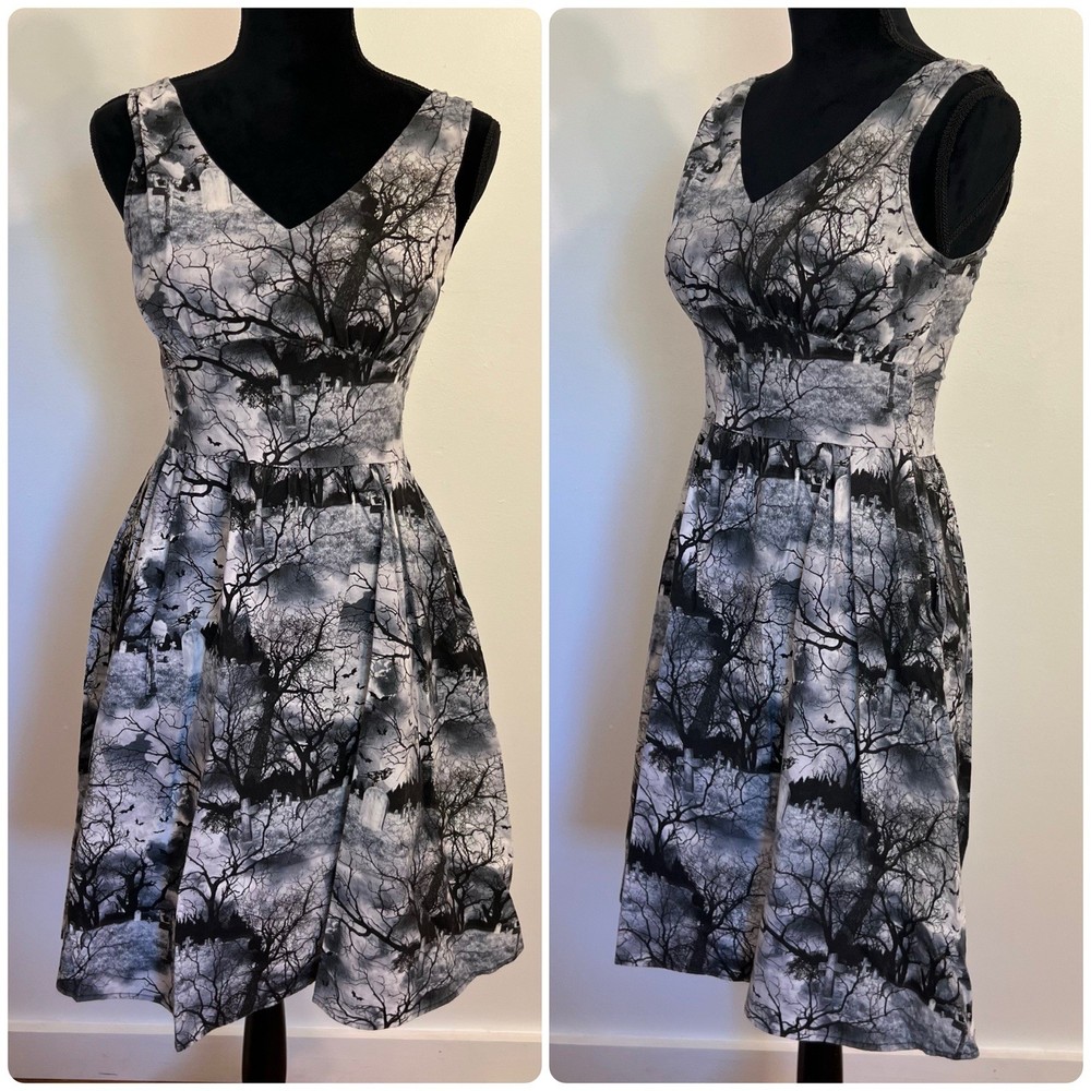 VTG Folter Fit Flare Dress Graveyard Bats Halloween Witchy Goth Cemetary Size S