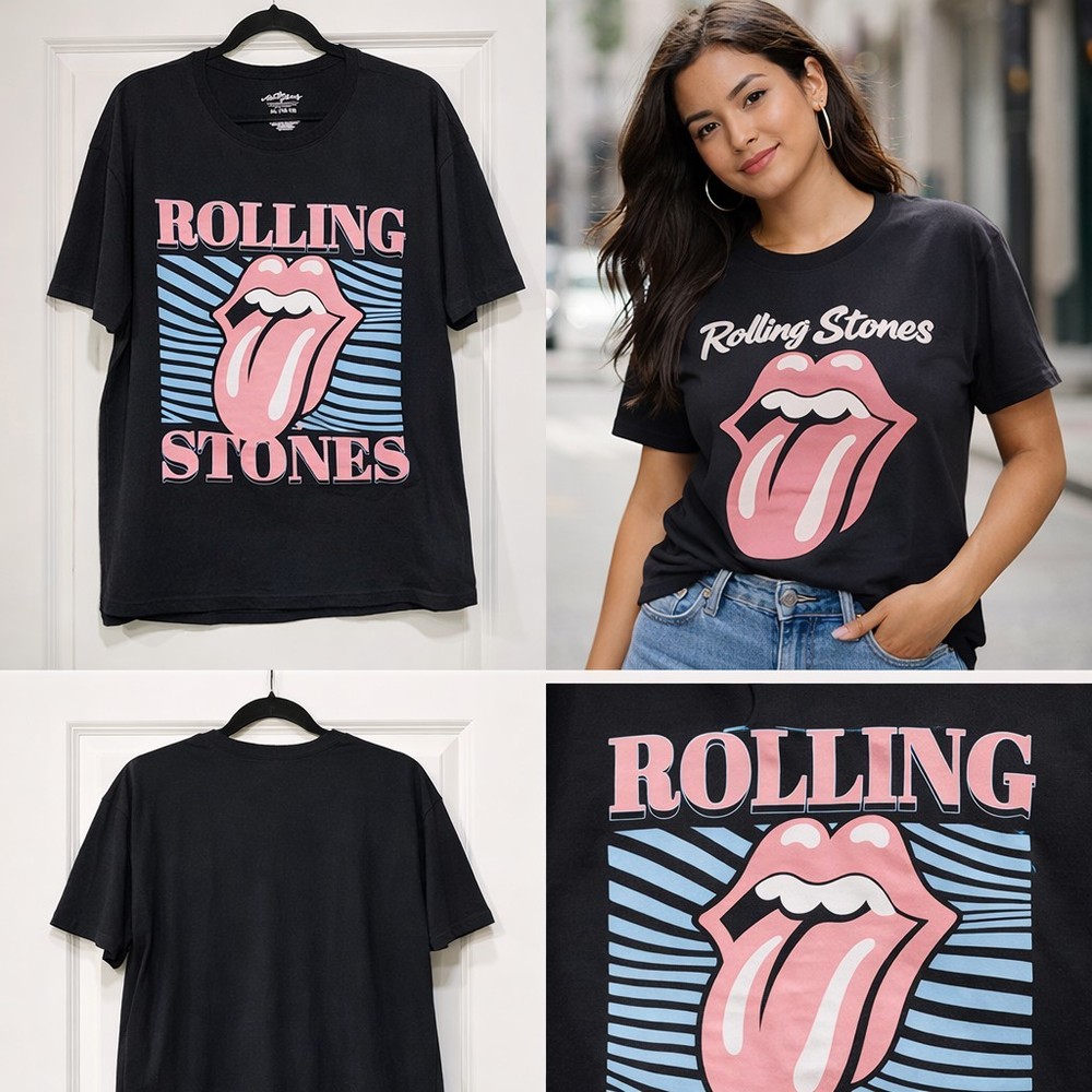 Rolling Stones Tongue Logo Black Graphic Crew Neck Short Sleeve Cotton Tee M
