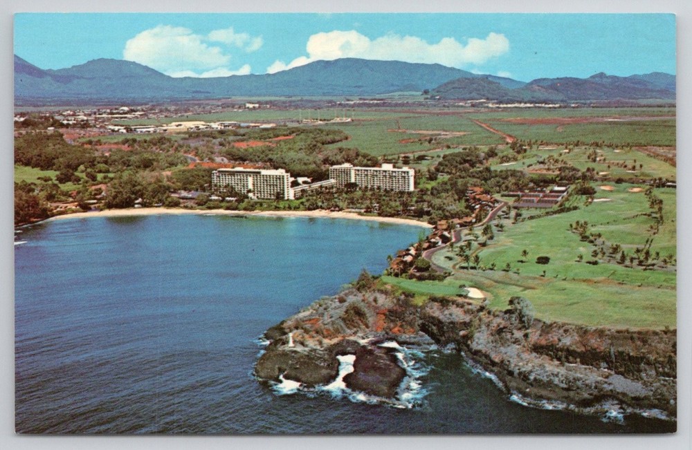 Vintage KAUAI SURF Kalapaki Beach, Kauai, Hawaii Resort Aerial Postcard S-591