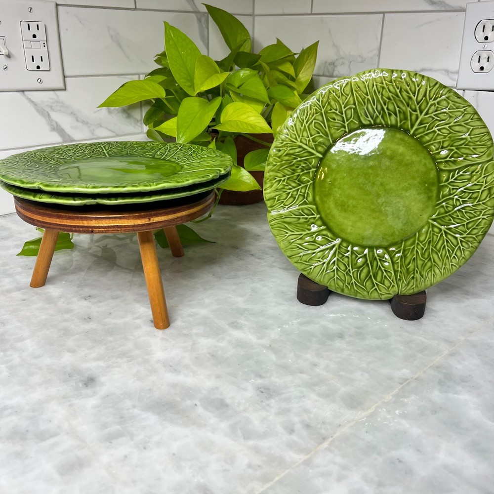 Vintage Green Leaf Plates Set of 3 Majolica Style Studio Pottery Botanical 9.5
