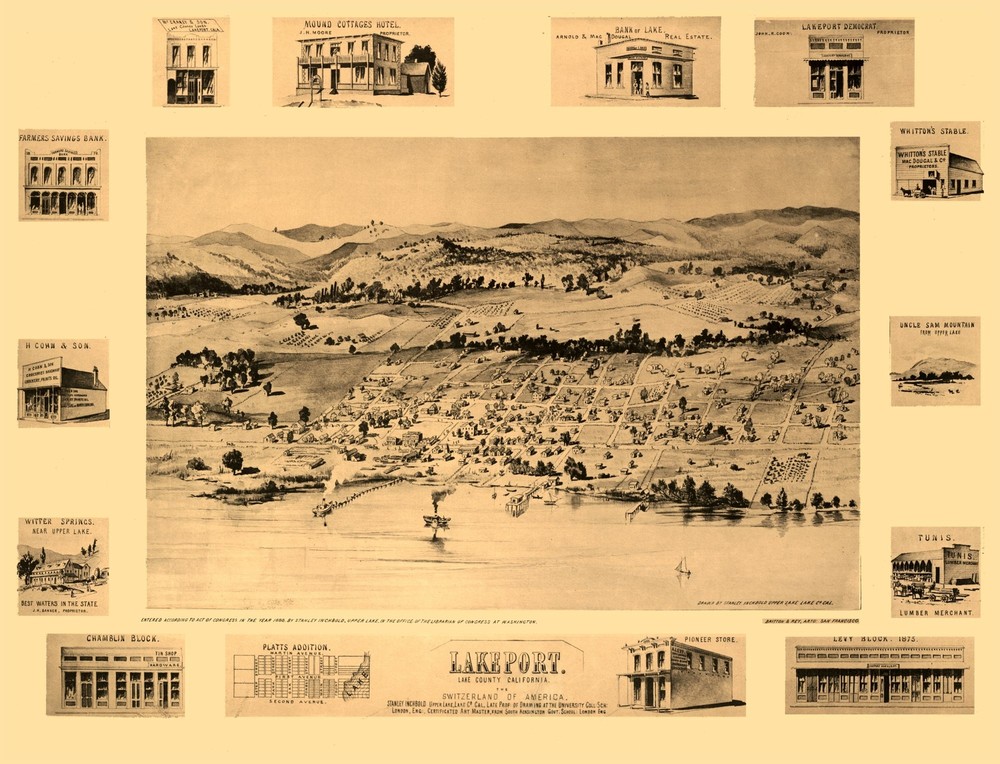 Historic 1888 Lakeport California Panoramic View by Inchbold - 30.10 x 23