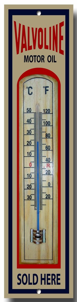 VALVOLINE MOTOR OIL SOLD HERE ENAMELLED METAL AND WOOD THERMOMETER.GARAGE,OIL