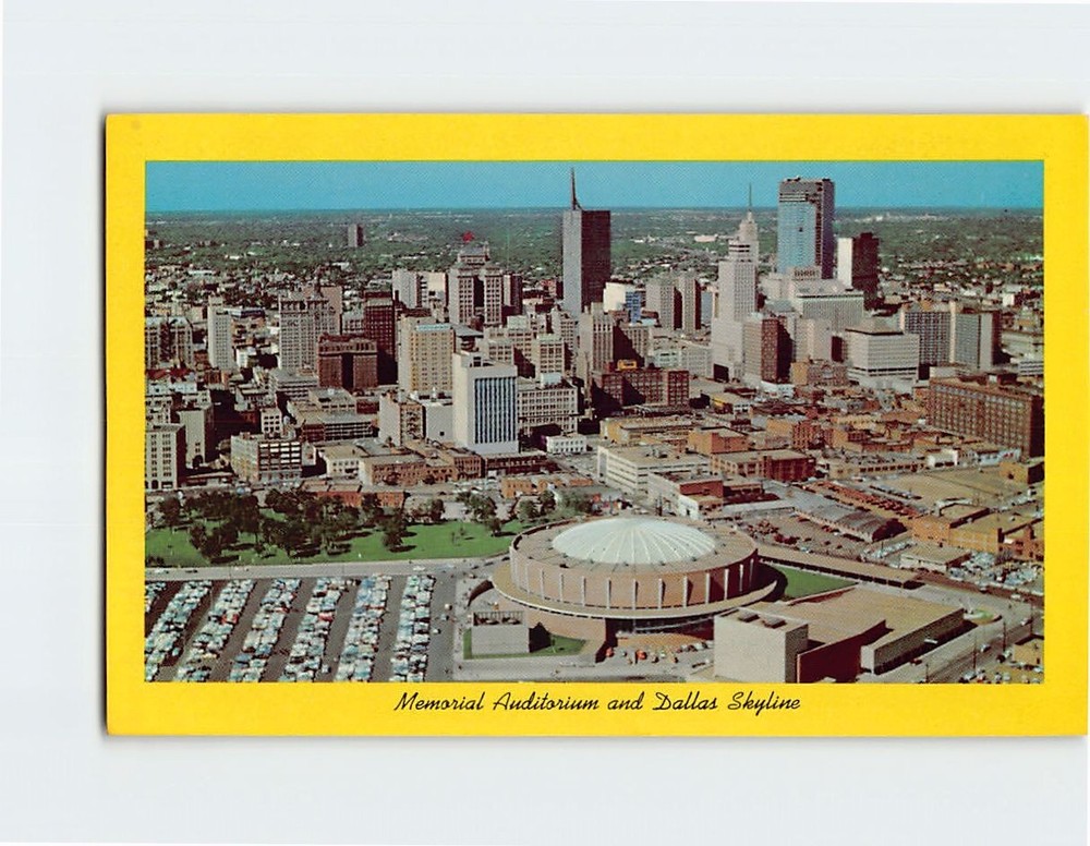Postcard Memorial Auditorium and Dallas Skyline, Texas, USA
