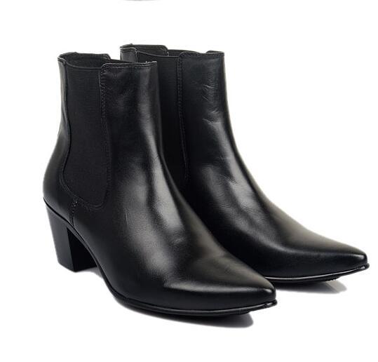 Mens Real Leather Pointy Toe Cuban Heel Chelsea Ankle Boots Dress Shoes British