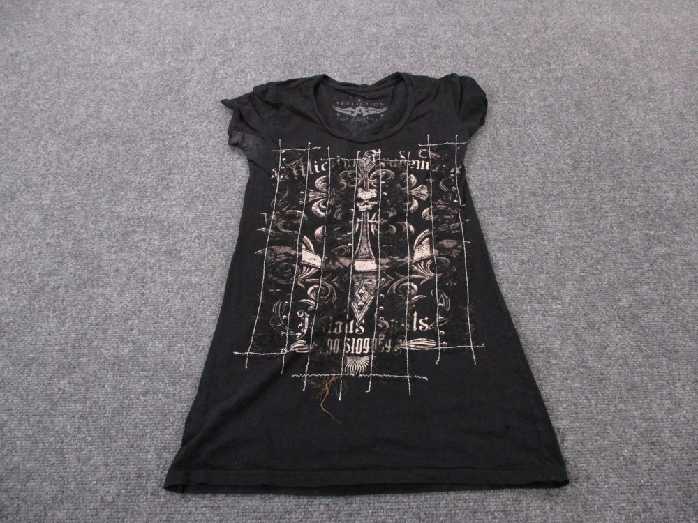 Affliction Shirt Womens M Black Graphic Grunge Biker Y2K Casual USA Made
