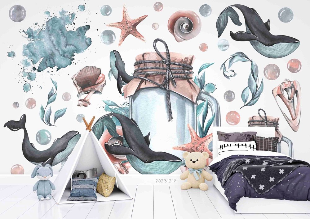 3D Cartoon Marine Life Drift Bottle Wall Murals Wallpaper Murals Wall Sticker