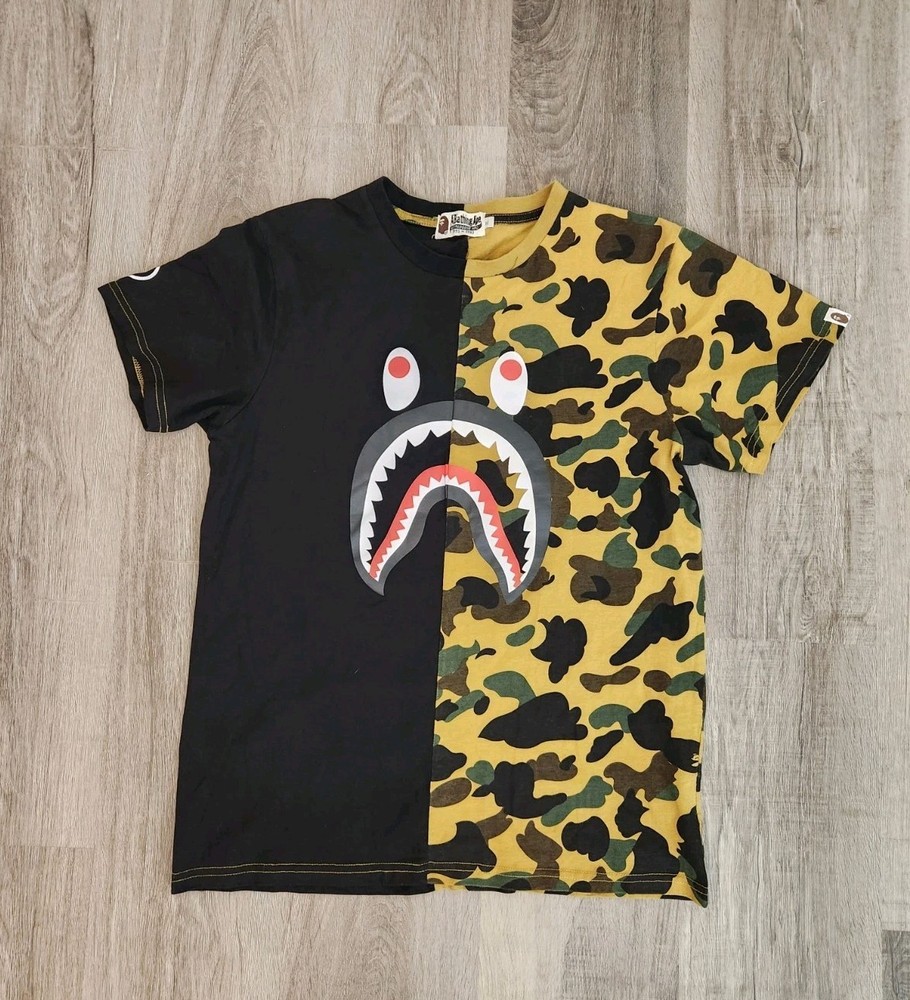 BAPE A Bathing Ape T Shirt Size XL Teens Black Camo WGM Shark Jaw Short Sleeve