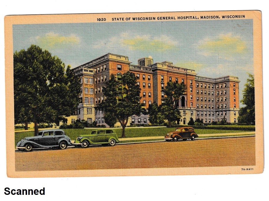 WI Postcard State of Wisconsin General Hospital Old Cars Linen Vintage Postcard