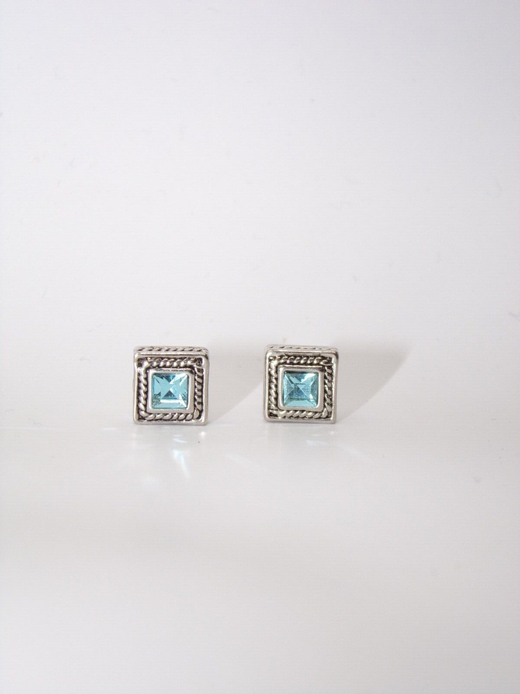 UNIQUE Chunky Silver Tone Sky Blue Crystal Square Earrings