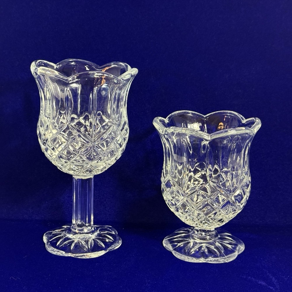 VTG HOMCO Set-2! Glass Tulip Stemmed Votive Candle Holders Diamond-Cut Scalloped