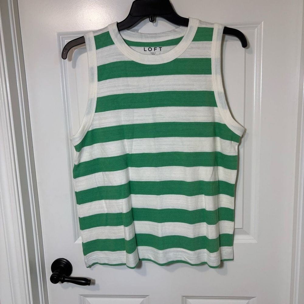 LOFT Green and White Striped Cotton Tank Top Women’s XL