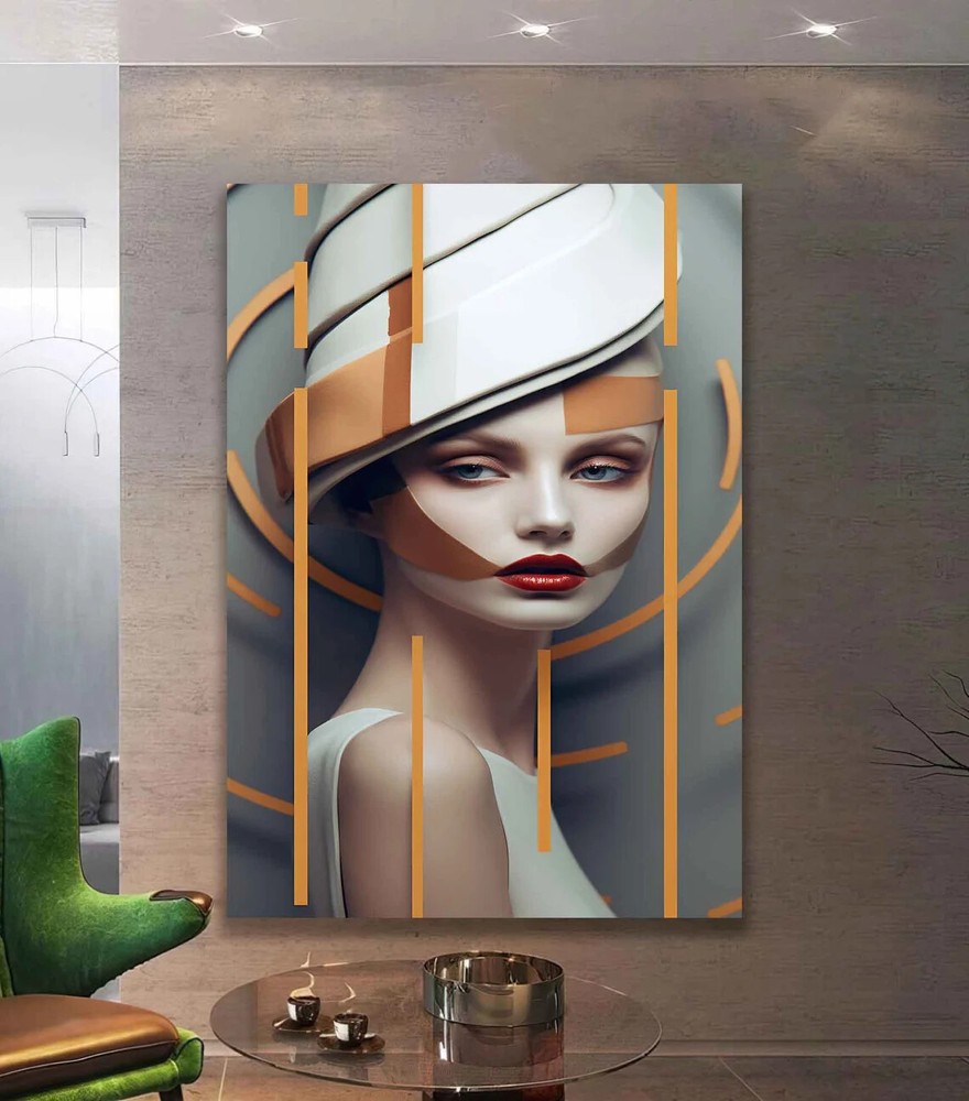 Abstract Gazes Woman with Hat, Orange Stripes Wall Art Canvas Unframed Print Art-image