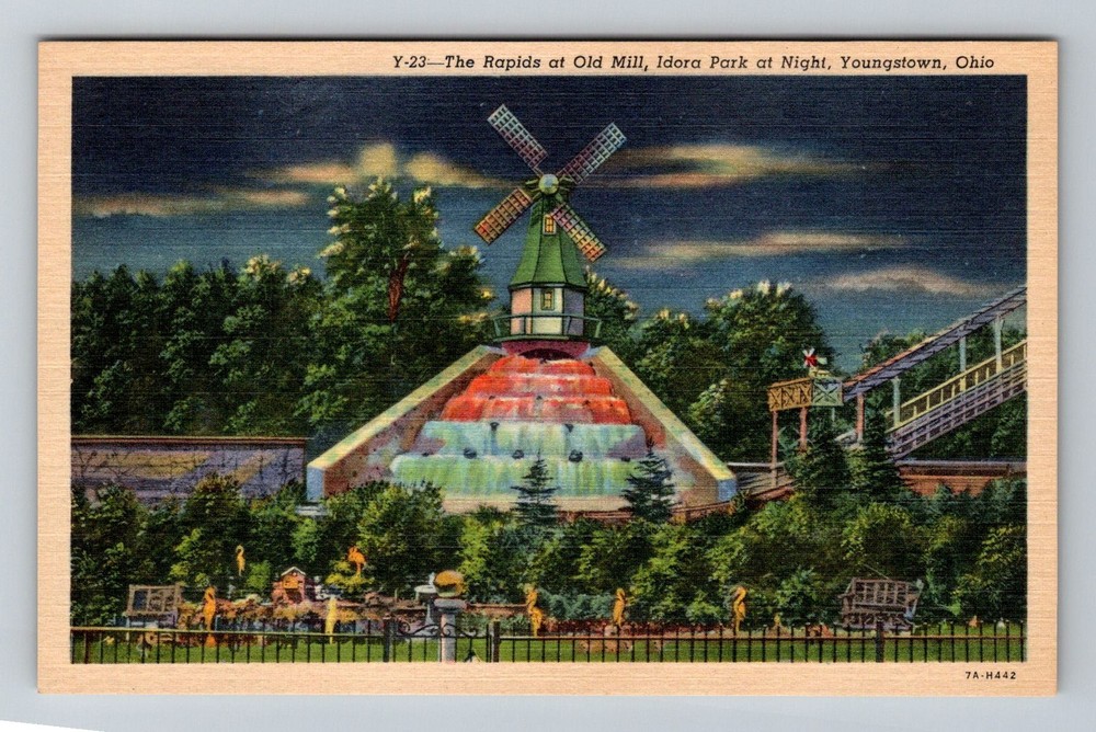 Youngstown, OH-Ohio, Rapids at Old Mill Idora Park Night Scene Vintage Postcard