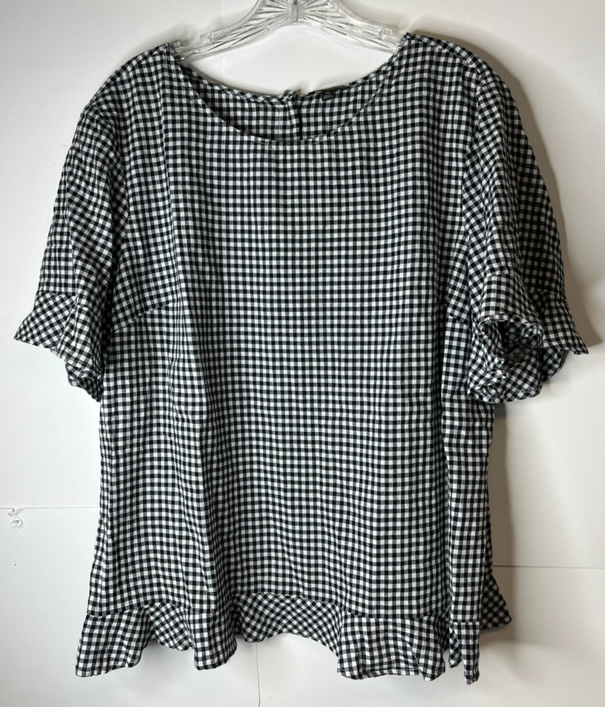 Talbots Size XL Black White Gingham Check Top Ruffled Hem Sleeves Back Buttons