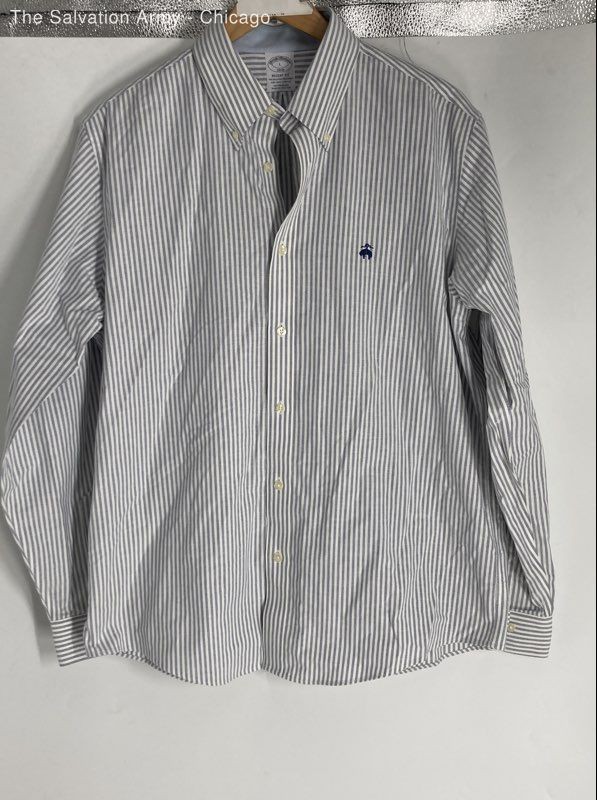 Brooks Brothers Mens Blue White Striped Cotton Blend Button-Up Shirt Size Large