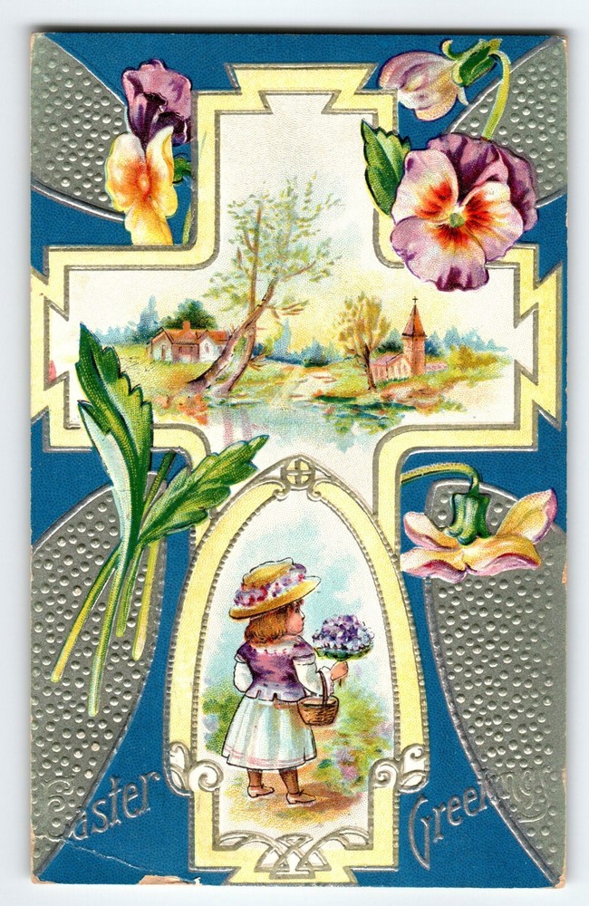 Easter Postcard 1910s Cross Girl Holding Flowers Embossed Greetings 1910 Vintage