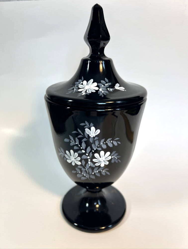 Fenton Black Glass Pedestal Candy Dish w Lid Hand Painted White Flowers Signed