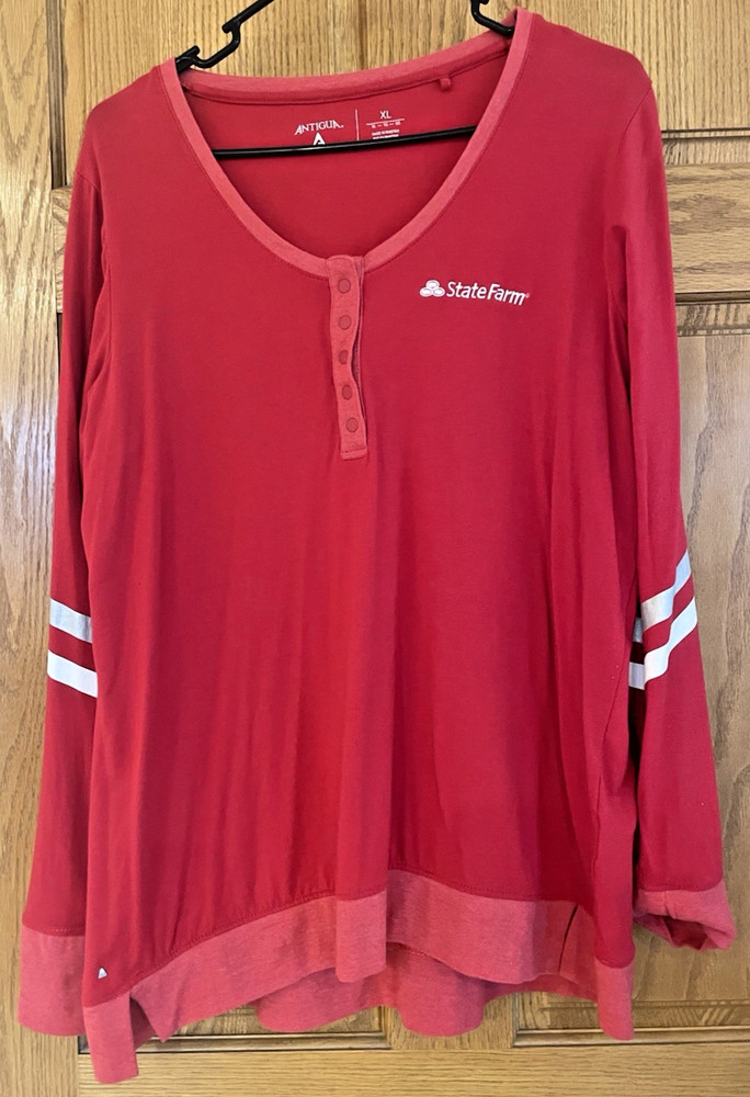 Ladies Red State Farm Insurance Athletic Henley Shirt XL Lightweight Thumb Holes