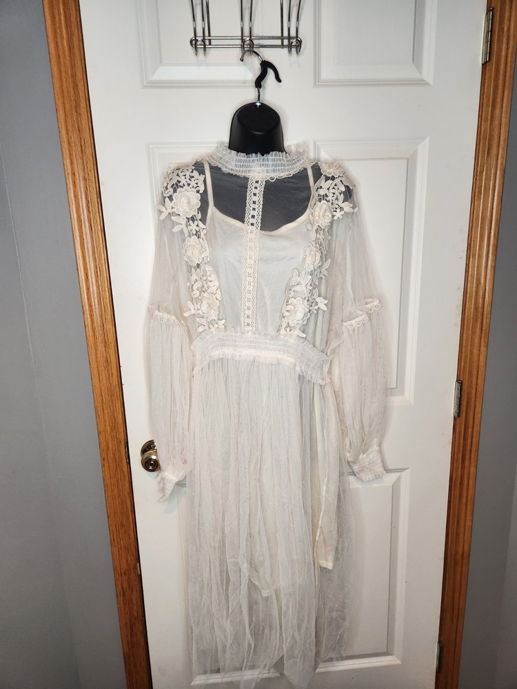 Tulle Crochet Womans Dress Long Bell Sleeves Mock Neck Under Slip And Over Tuell