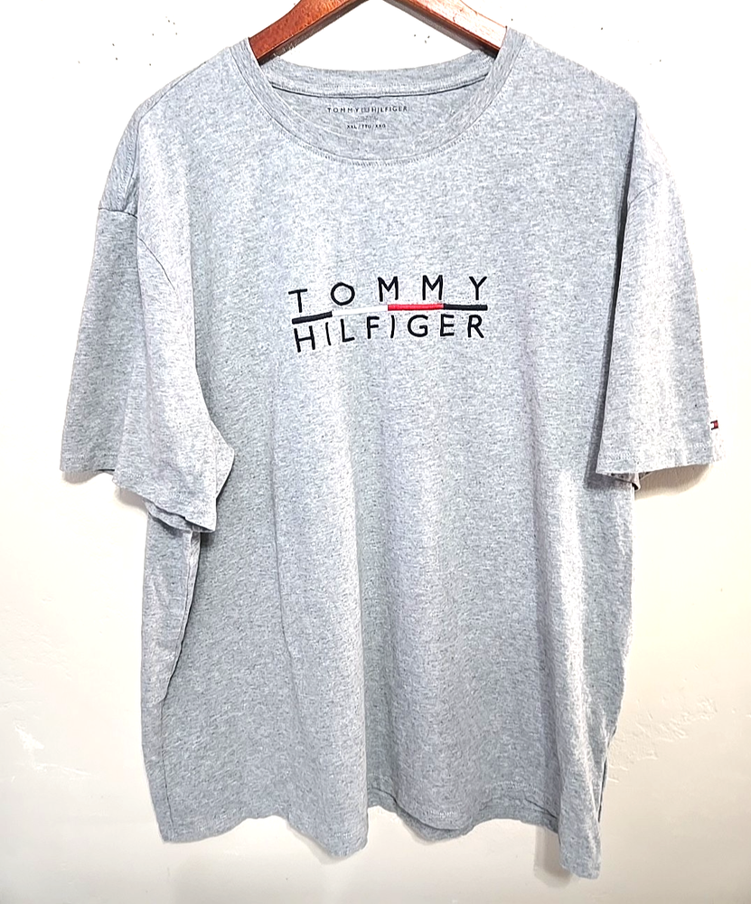 Vintage Tommy Hilfiger Shirt Men’s 2XL Gray  Spellout Logo 90s Flag Sleeve Tee