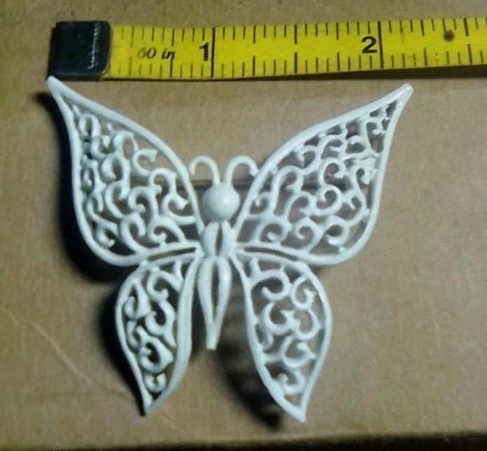 Vintage Crown Trifari Signed Filigree White Enamel Butterfly Brooch Pin