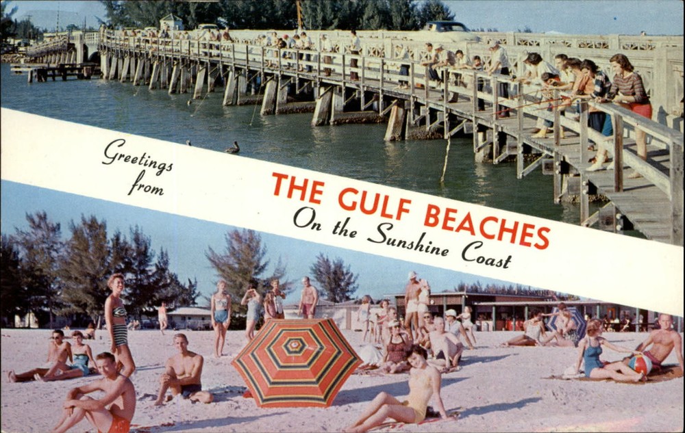 Suncoast Coast Gulf Beaches Florida ~ 1950s swimsuit fashion ~ pier fishing
