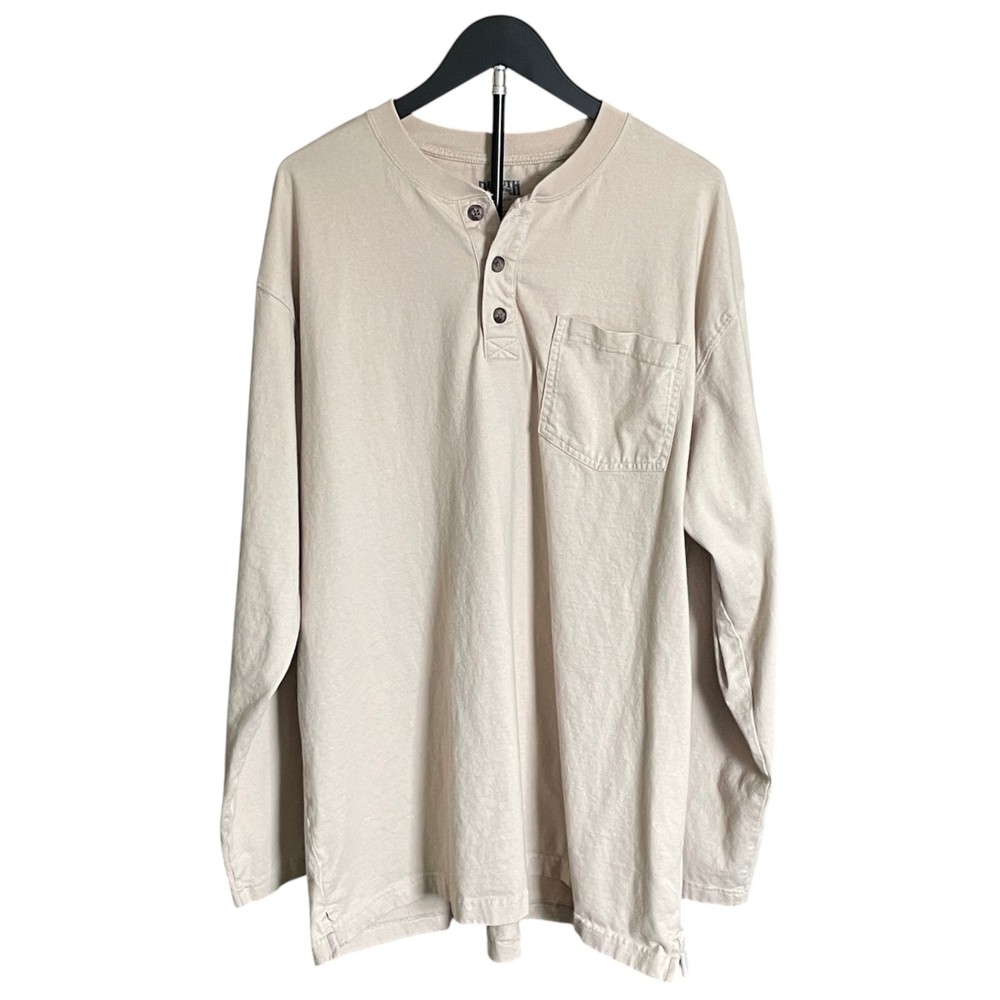 Duluth Trading Co Longtail T Mens XL Relaxed Fit Beige Henley Pocket Shirt CLEAN