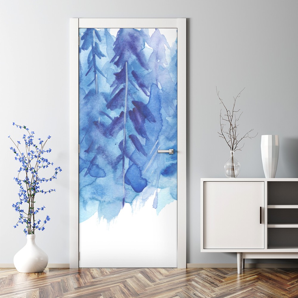 Watercolor Winter Trees Bubble-Free Door Sticker Decal for Home Decor