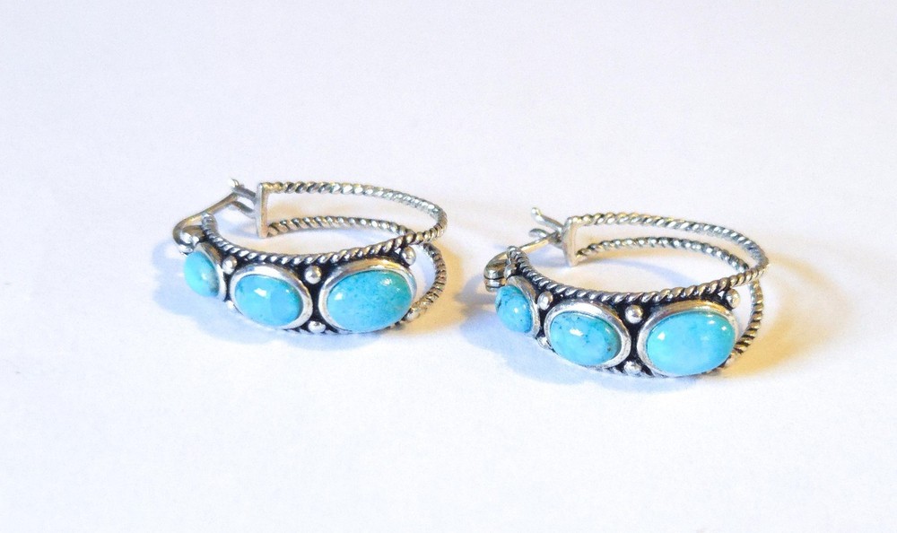 Vintage Sterling Silver Genuine Turquoise Medium Hoop Earrings