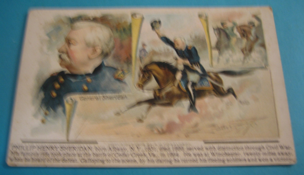 1900s MILITARY POSTCARD AMERICANA GENERAL SHERIDAN CAVALRY HORSES