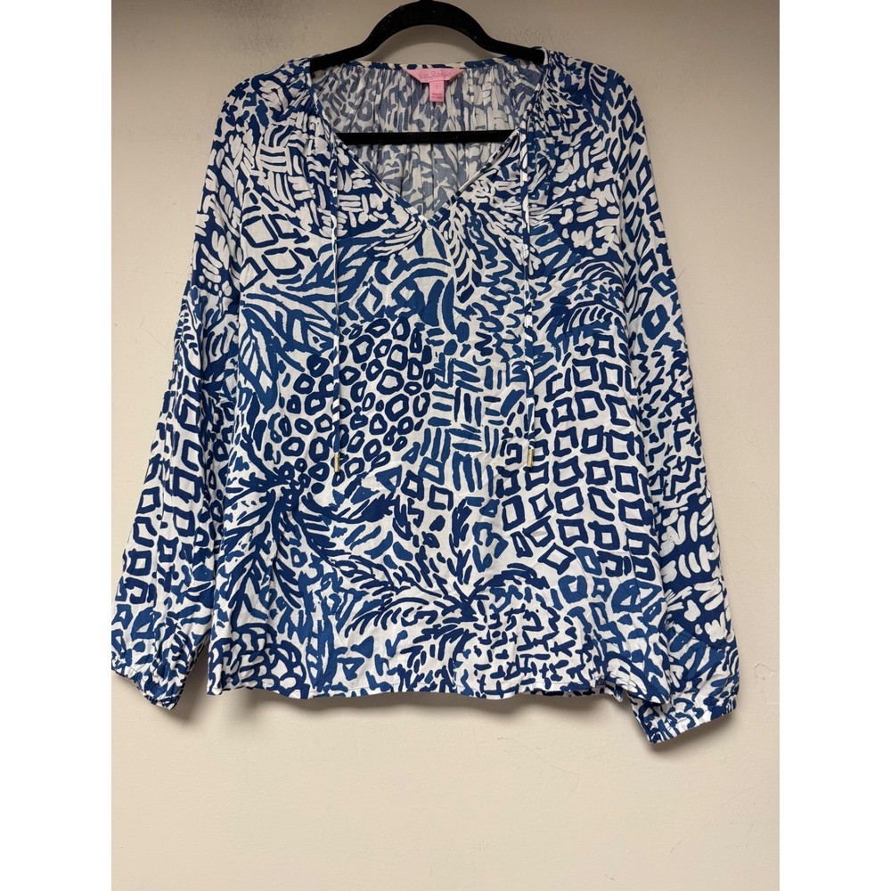Lilly Pulitzer Blouse Women S Blue White Excellent Rayon Abstract Split Neck Tie