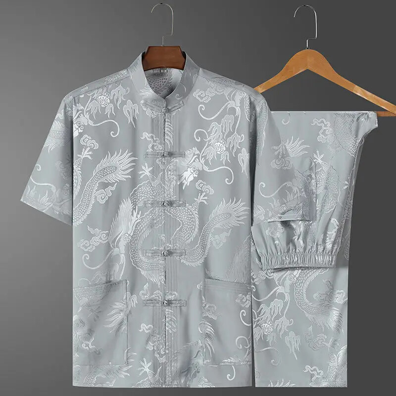 Conjunto de 2 piezas de traje estilo chino cuello de abuelo Tang para hombre manga corta retro Hanfu-image