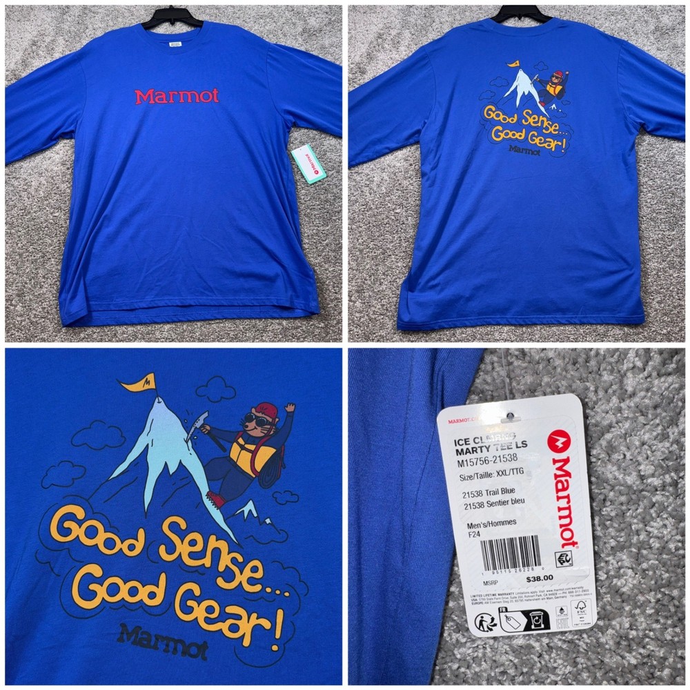 Marmot Marty Long Sleeve T-Shirt Mens Ice Climbing Graphic Trail Blue XXL NEW