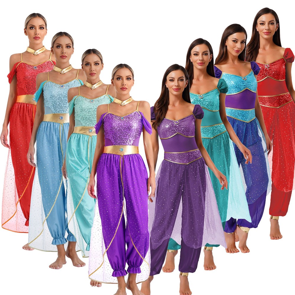 Women Indian Princess Cosplay Costume Shiny Sequin Overlay Raves Halloween Party