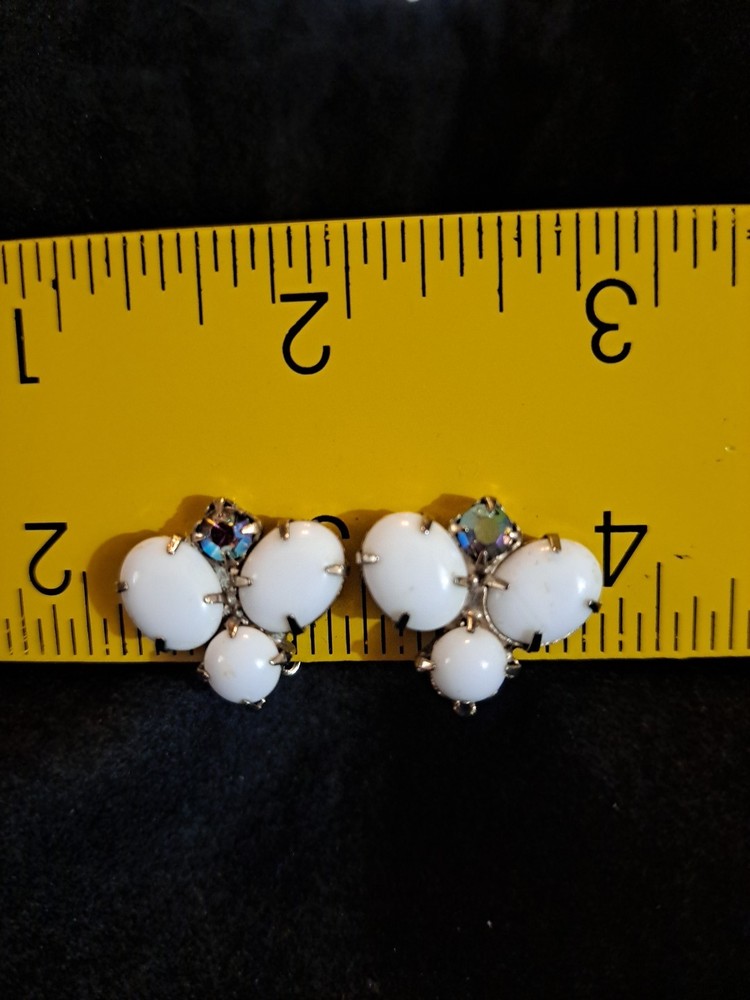 Vintage Milk Glass & Aurora Borealis Rhinestone Cluster Earrings Clip On 1950s