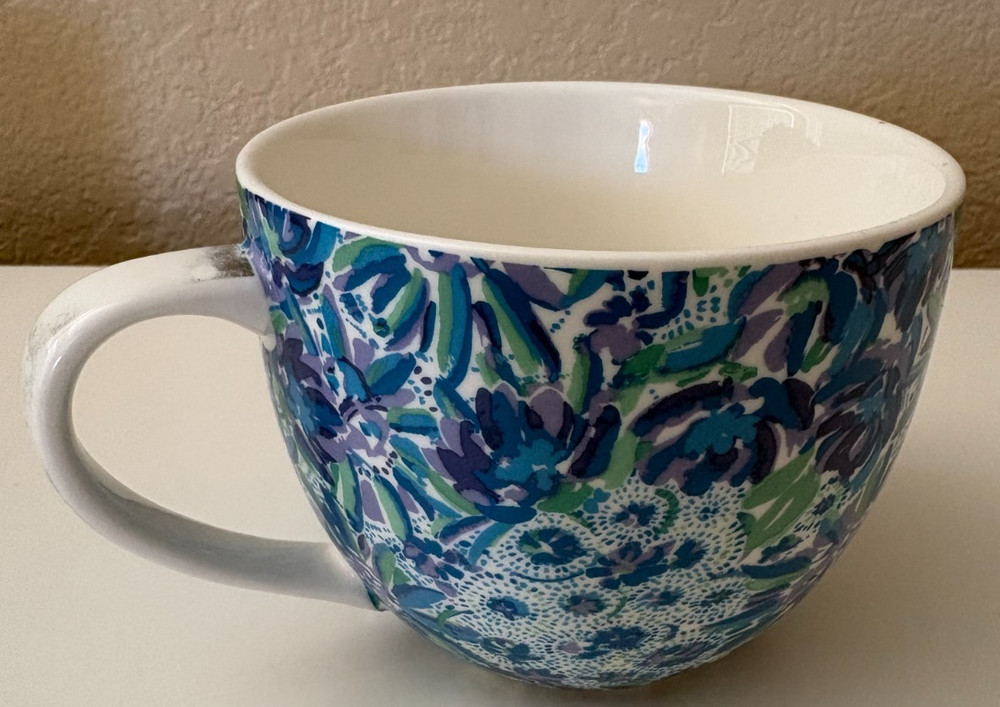 Lilly Pulitzer Large Floral Coffee Mug Blue Green Ceramic Latte Soup Cup AS IS