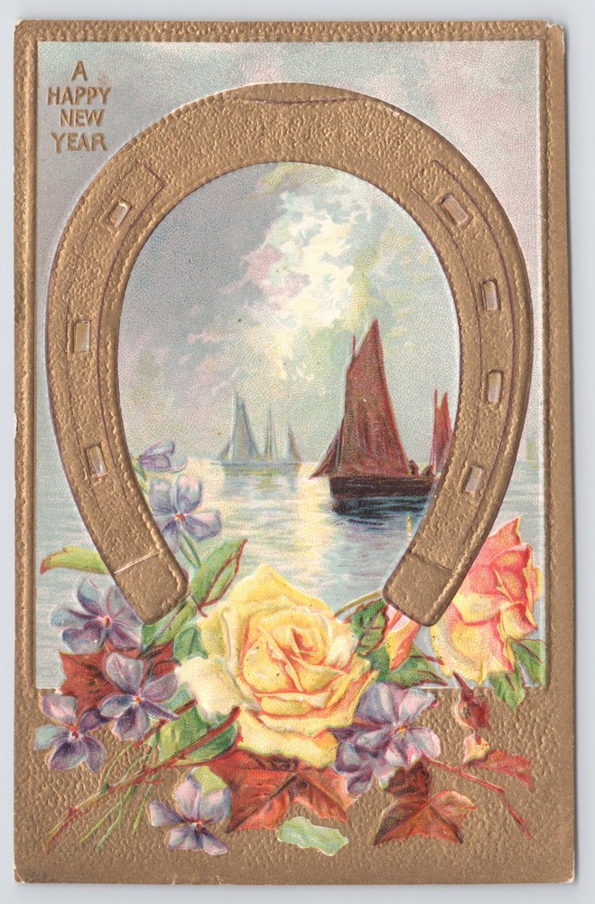 Happy New Year~Sailboat Scene W/ Horseshoe & Flowers~PM 1912~Embossed~Vintage PC