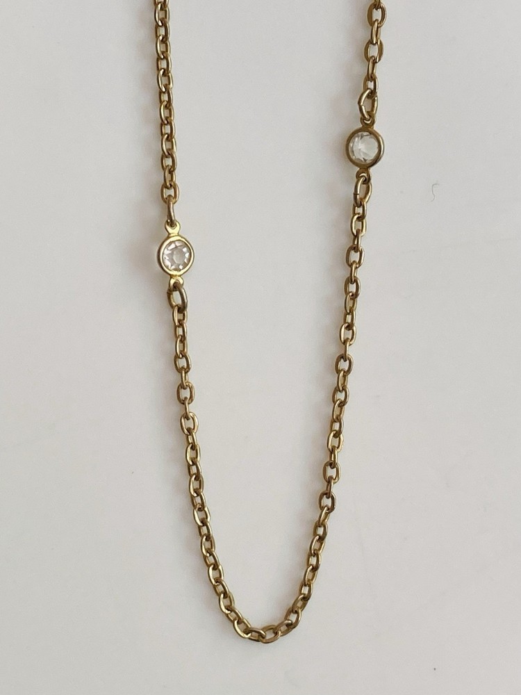 Vintage 70s 80s dainty gold tone long rolo chain crystal stations necklace