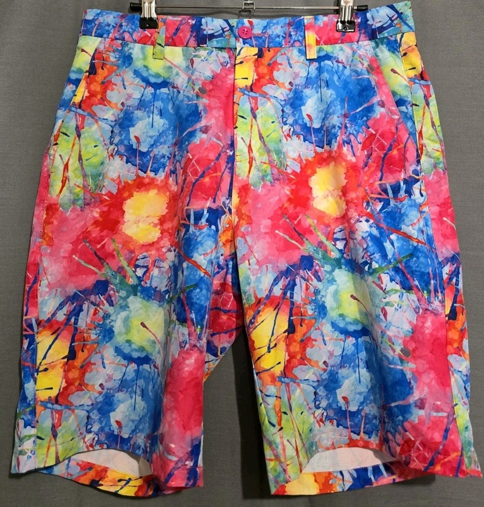 Hreski Shorts Men 32 Paint Splatter All Over Print Golf Chino Pickle Ball Loud
