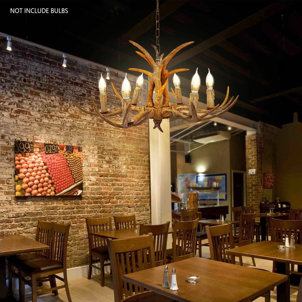 6-Lights Rustic Deer Horn Antler Chandelier Pendant Light Ceiling Lamp Fixture