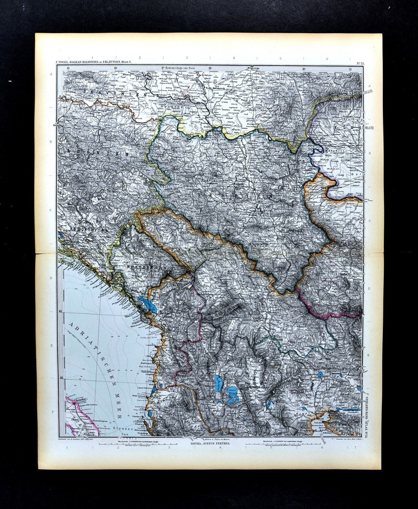 1892 Stieler Map Croatia Bosnia Serbia Montenegro Albany Macedonia Balkans