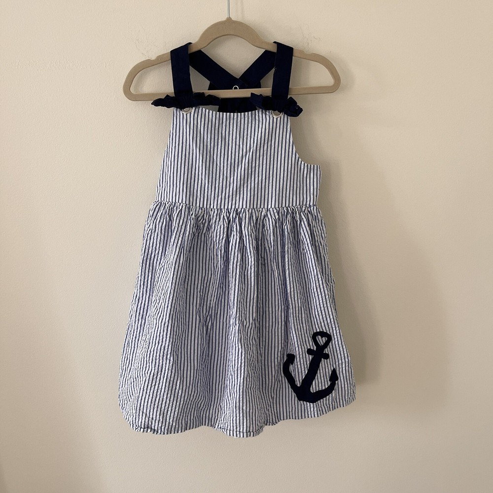 Girls Tahari Blue Seersucker Stripe Bow Preppy Anchor Dress Size 7