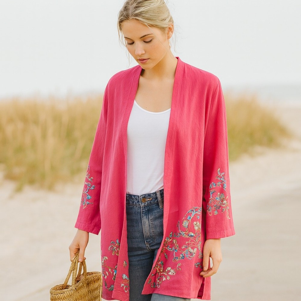 Dusty Red Floral Embroidered Kimono Beach Cover Up One Size