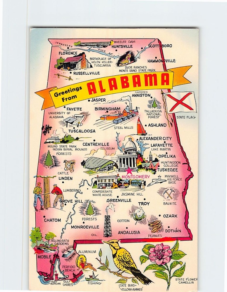 Postcard Map & Attractions Greetings from Alabama USA