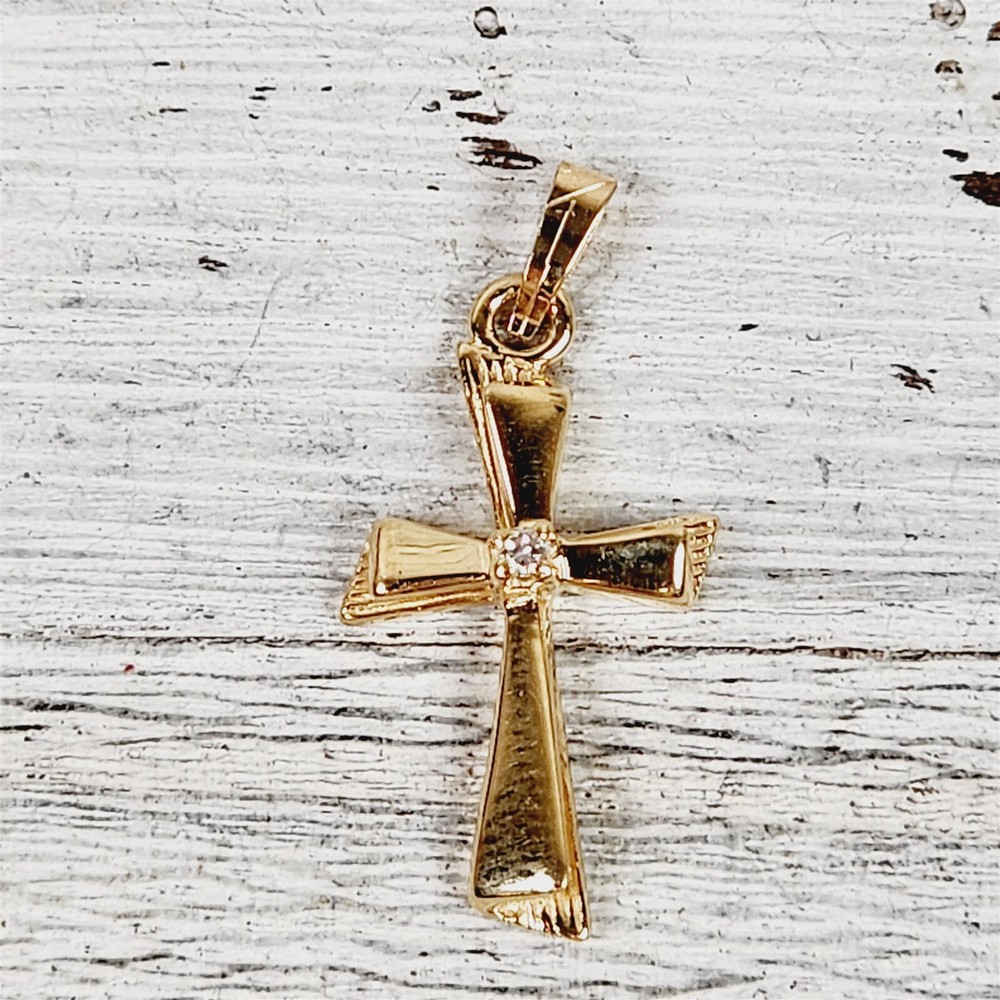 Vintage 14K Yellow Gold Cross Diamond Pendant Love Jesus God Small Luxury Pretty