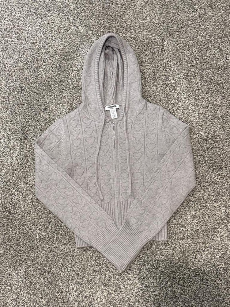 RSQ Women’s Gray Hooded Full Zip Heart Knit Sweater Long Sleeve Size M