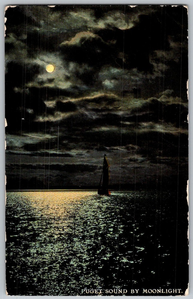 Antique Postcard Moonlight Sailboat Puget Sound, WA 1910s